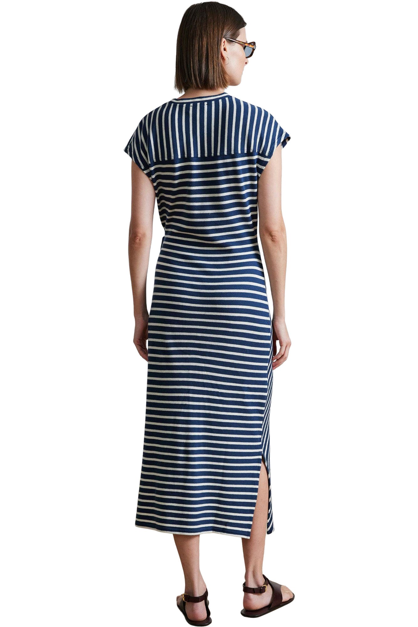 Apiece Apart Vanina Cinched Waist Dress in Navy Cream Stripes