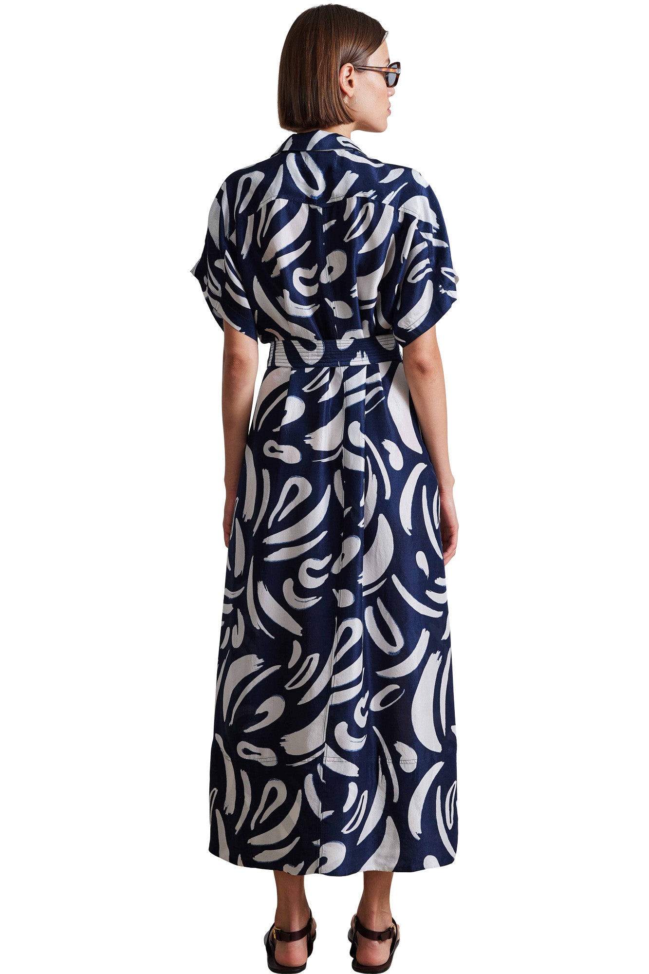 Apiece Apart Vincenza Wrap Dress in Navy Abstract Bushes