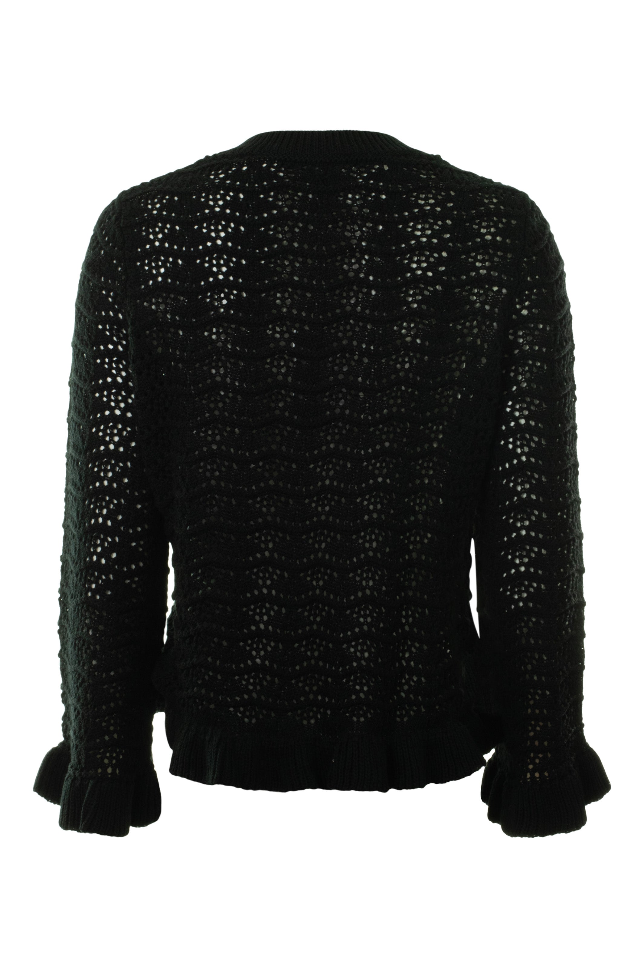 Autumn Cashmere Pointelle Ruffle Edge Crewneck Sweater in Black
