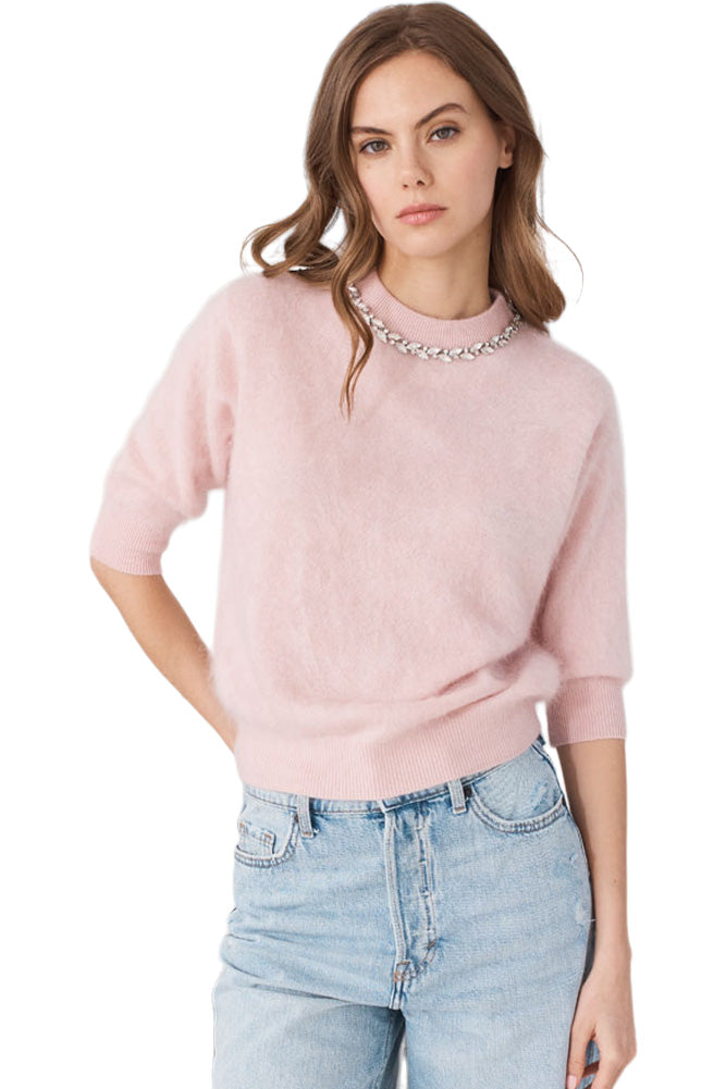 Autumn Cashmere Brushed Elbow Sleeve Boxy Crew with Necklace in Puff