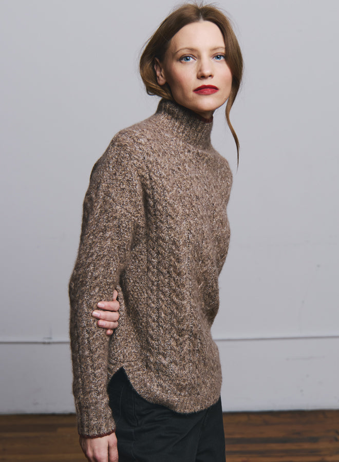 Autumn Cashmere Cabled Shirttail Mock Neck

 in Brownstone Combo