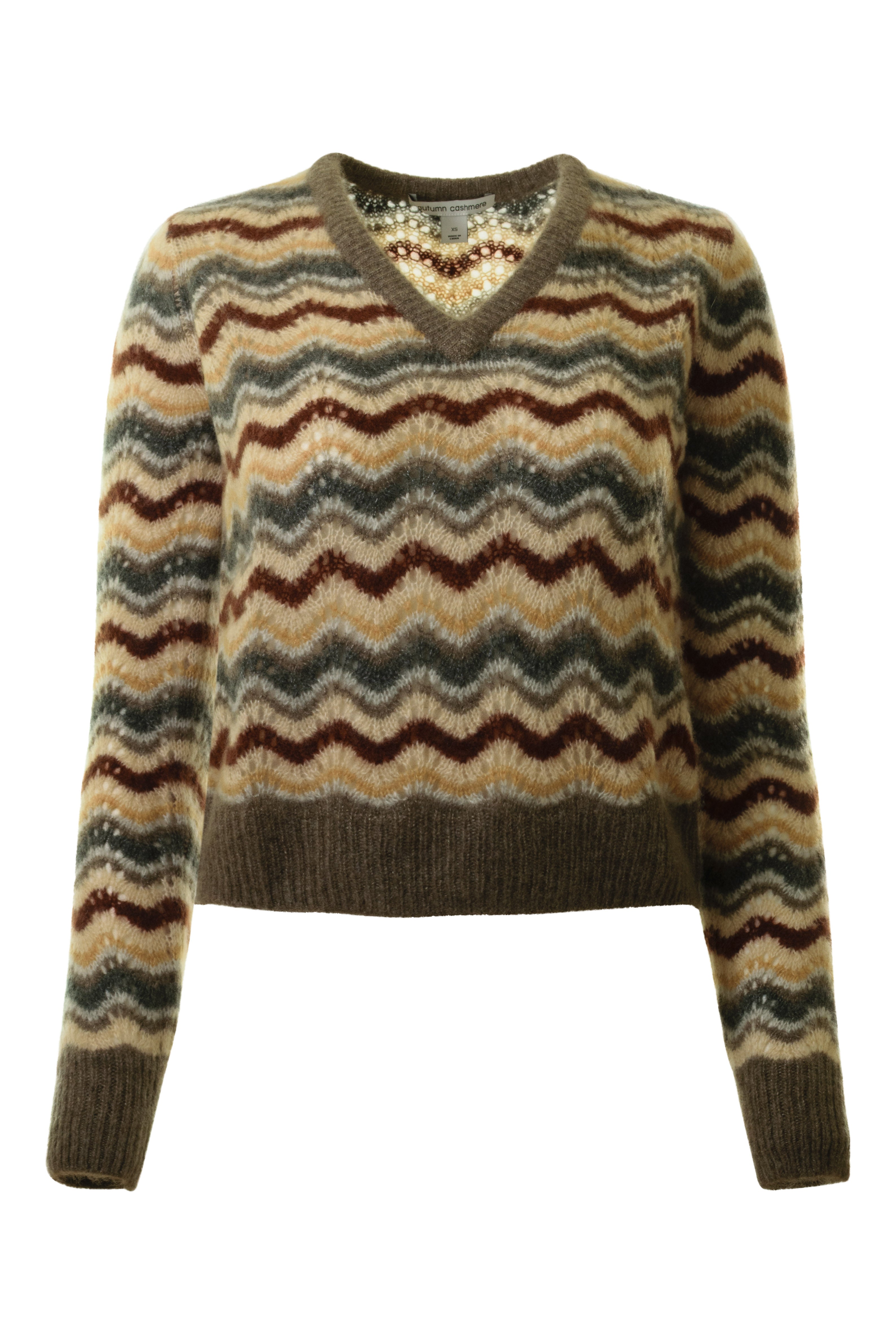 Autumn Cashmere Cropped Pointelle Wavy Stripe V in Rye Combo