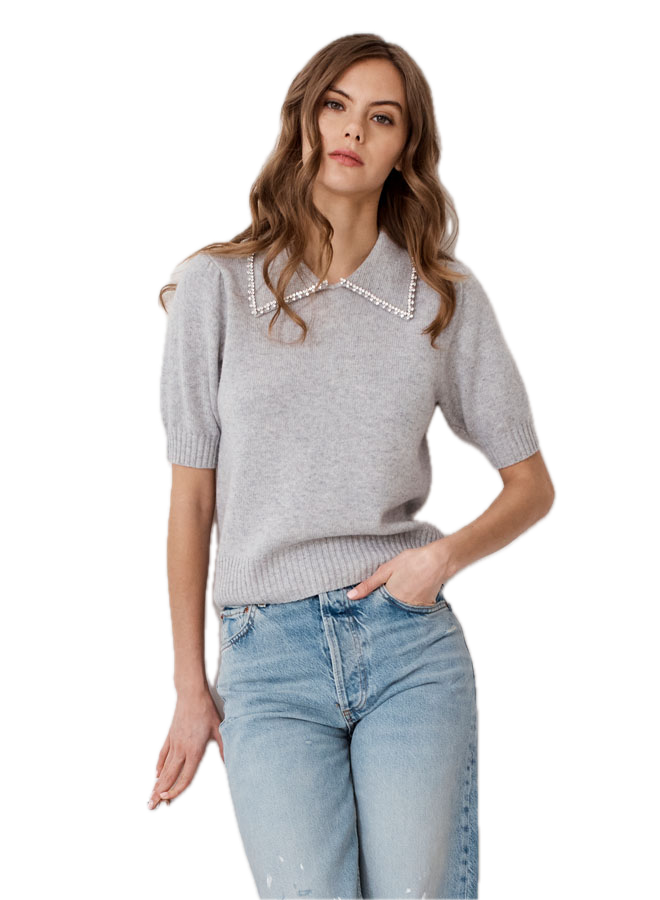 Autumn Cashmere Peter Pan Collar with Rhinestone Trim in Cinderblock