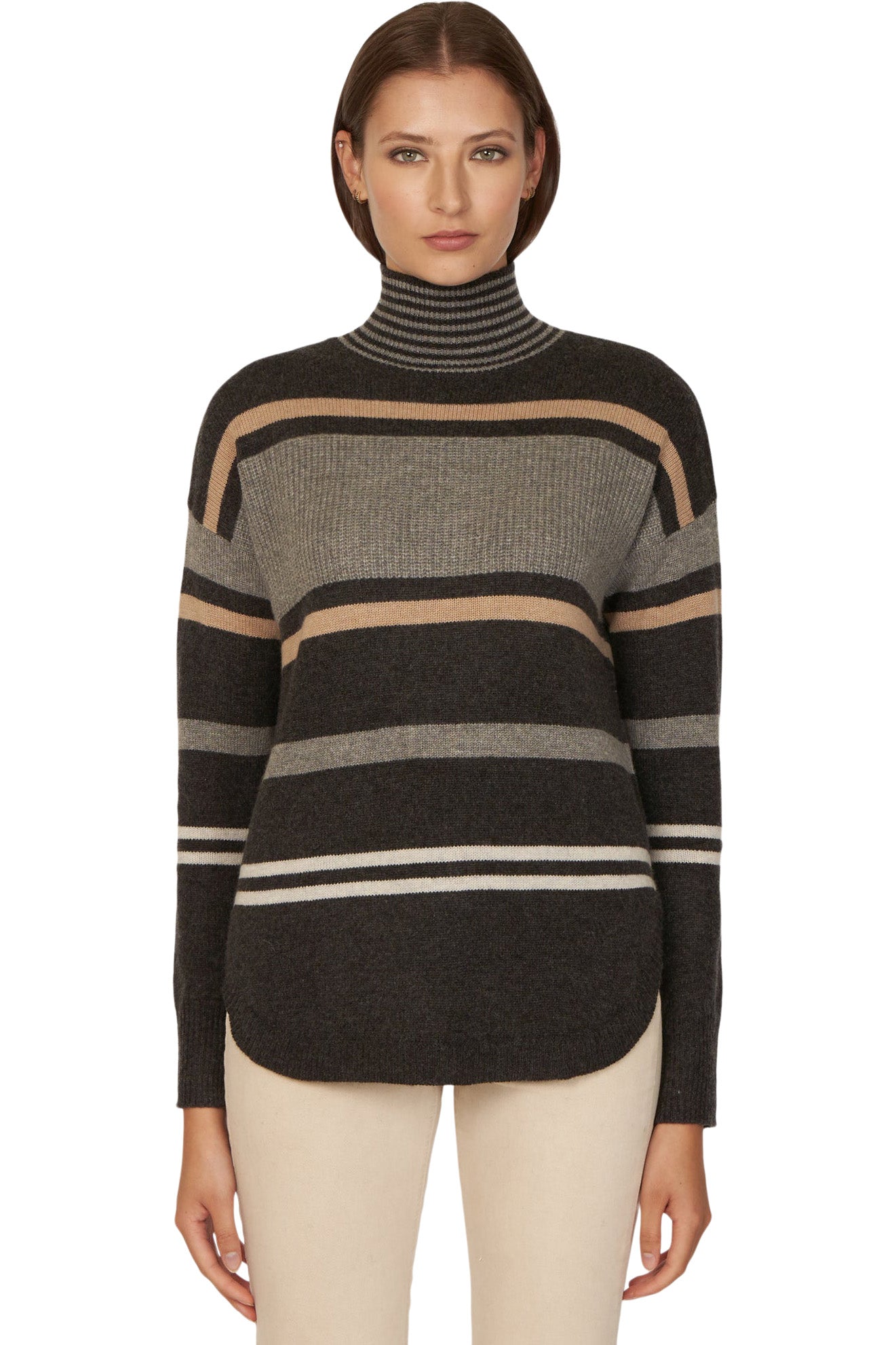 Autumn Cashmere Striped Mock w/ Shirttail in Pepper Combo