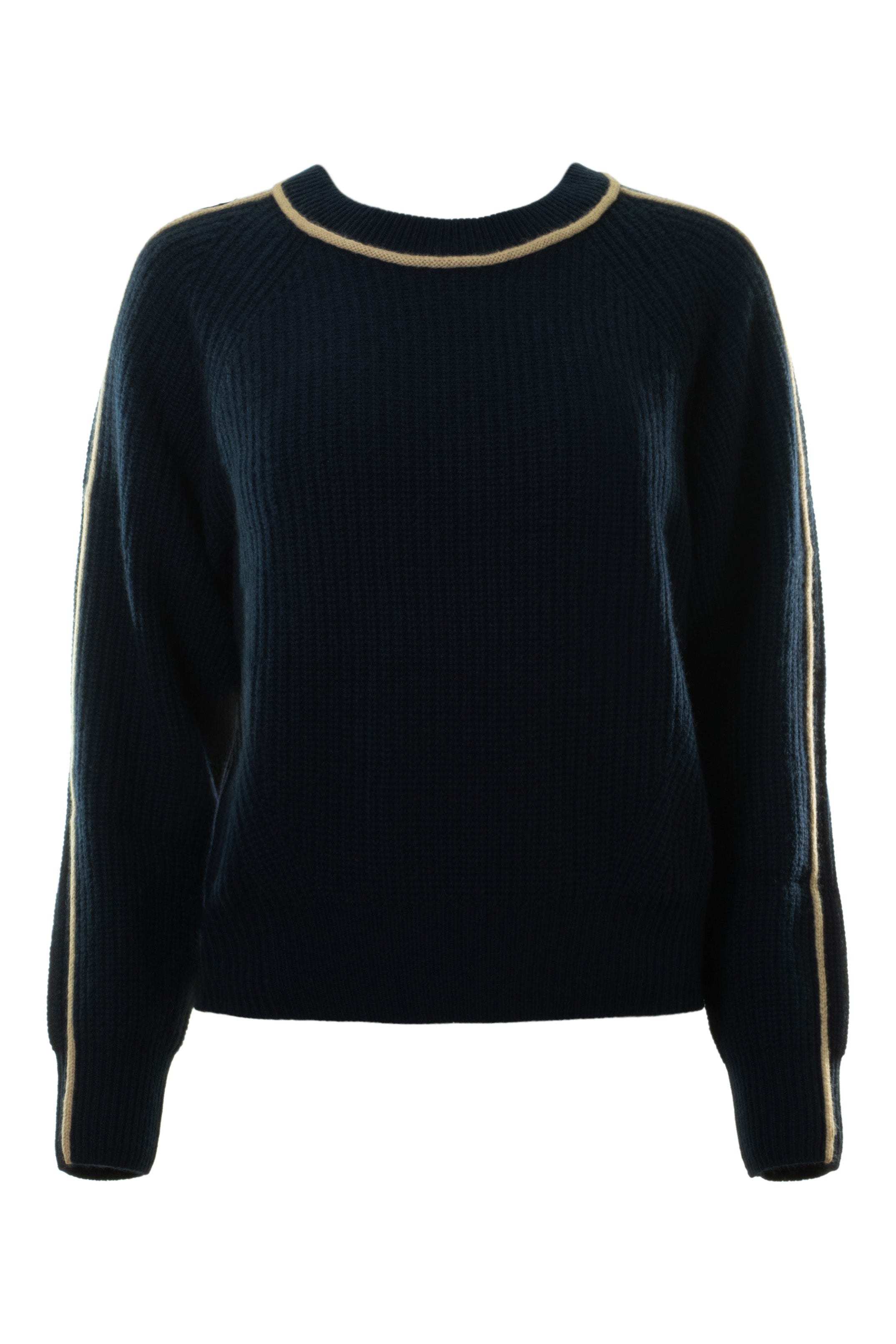 Autumn Cashmere Shaker Crew with Contrast Piping in Navy Combo