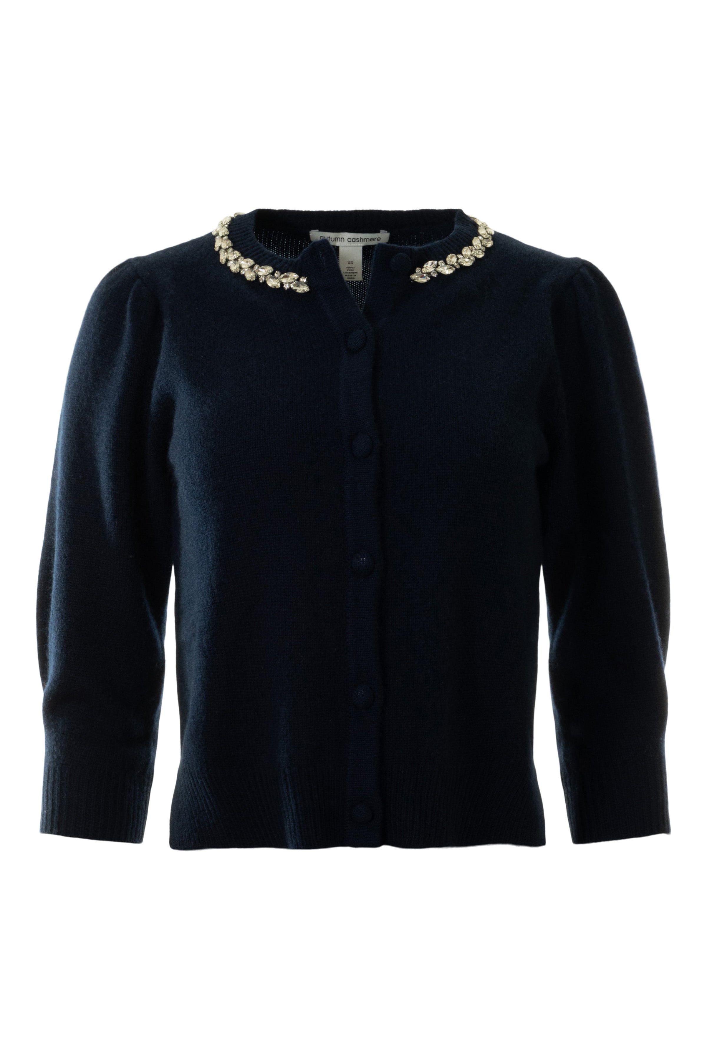 Autumn Cashmere Rhinestone Trimmed Puff Sleeve Cardigan