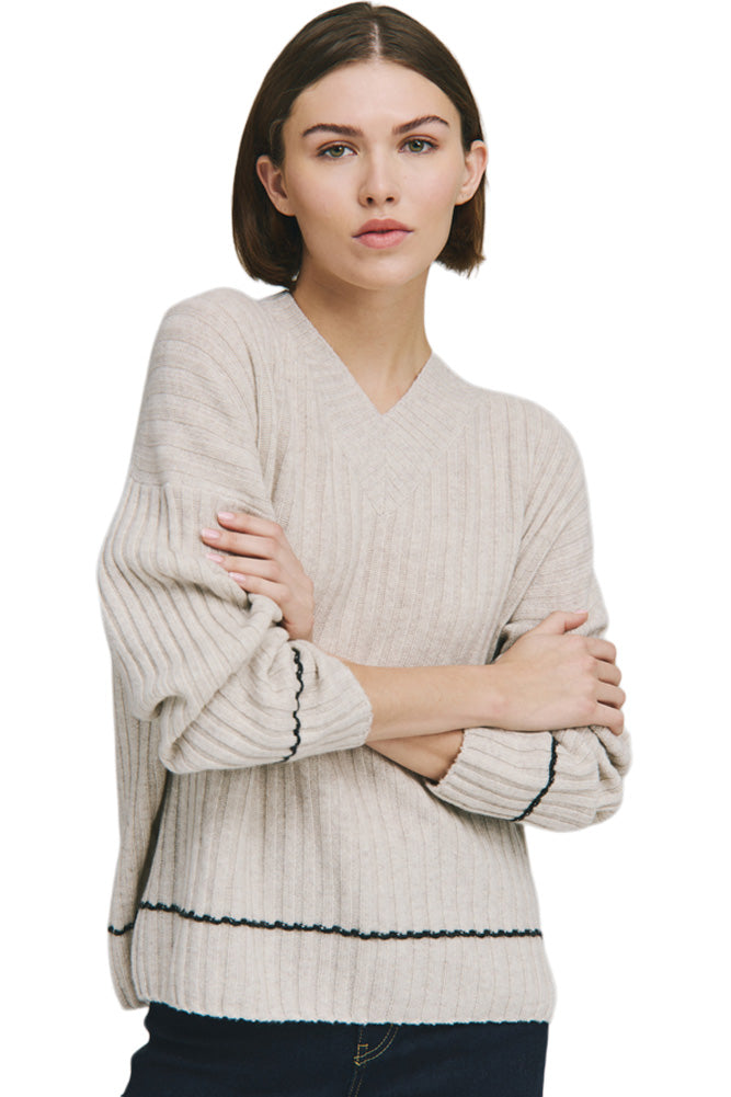Autumn Cashmere Rib Vneck Sweater in Mojave - Pepper