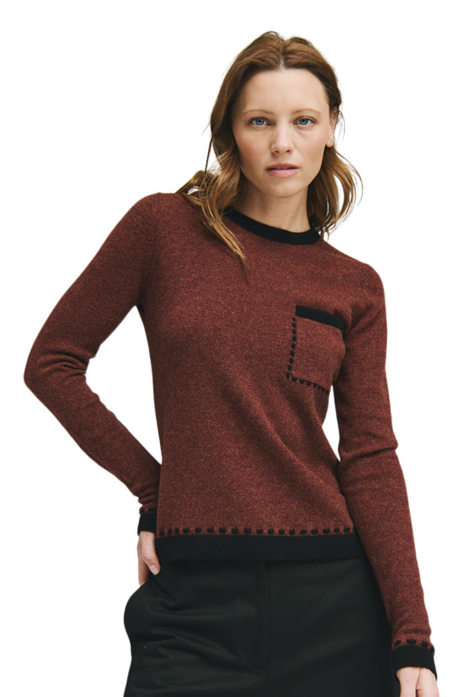 Autumn Cashmere Two Tone Crewneck Sweater with Lace Detail in Root Beer - Black