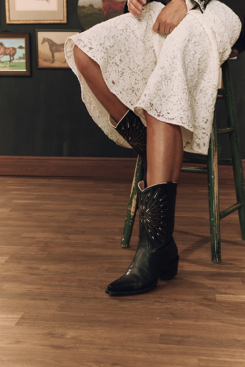 The Great x Stetson The Southwest Cowboy Boot In Black with Gold Sunburst