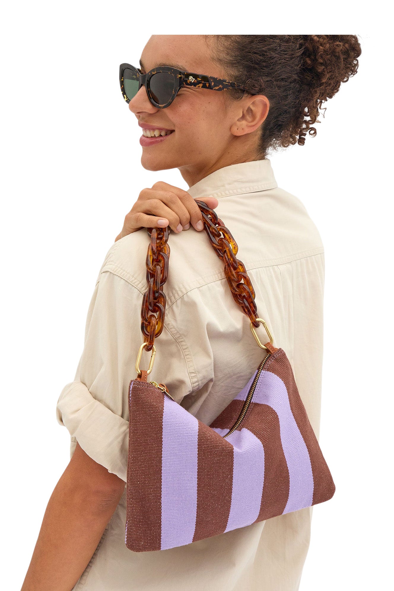 Clare V. Flat Clutch with Tabs in Jacaranda - Hazelnut Canvas Stripe