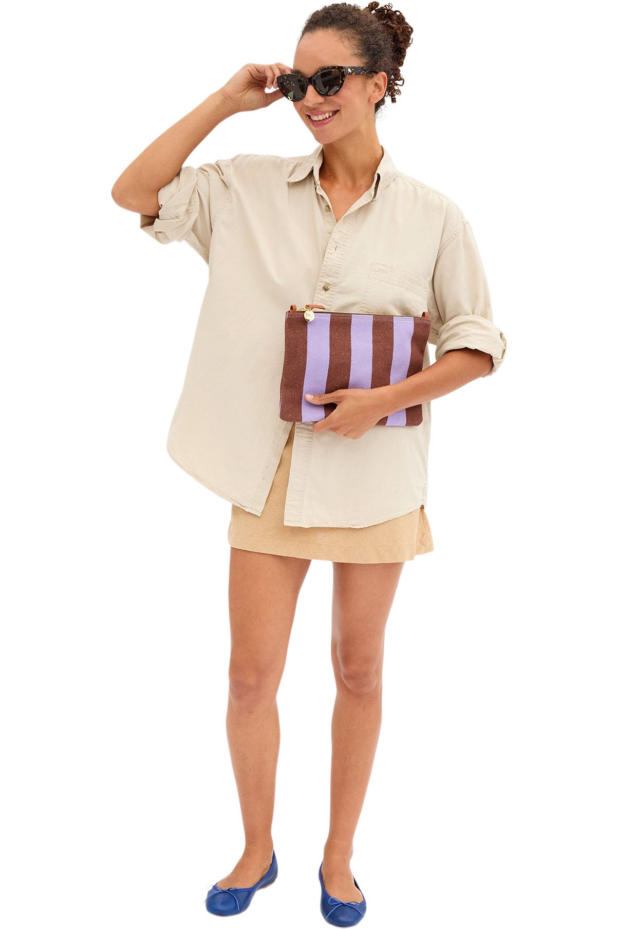 Clare V. Flat Clutch with Tabs in Jacaranda - Hazelnut Canvas Stripe