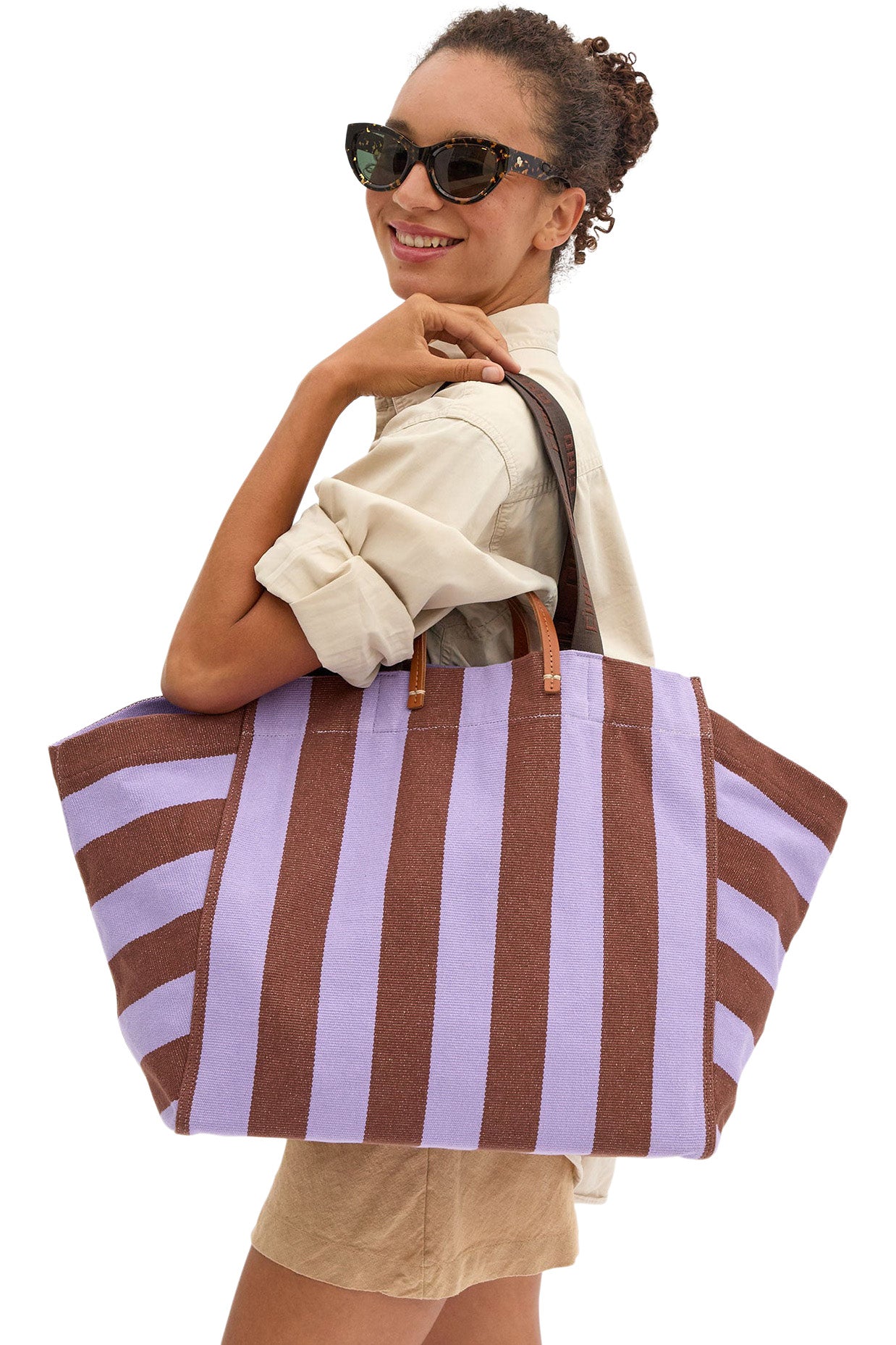 Clare V. Le Cote Tote in Jacaranda - Hazelnut Canvas Stripe