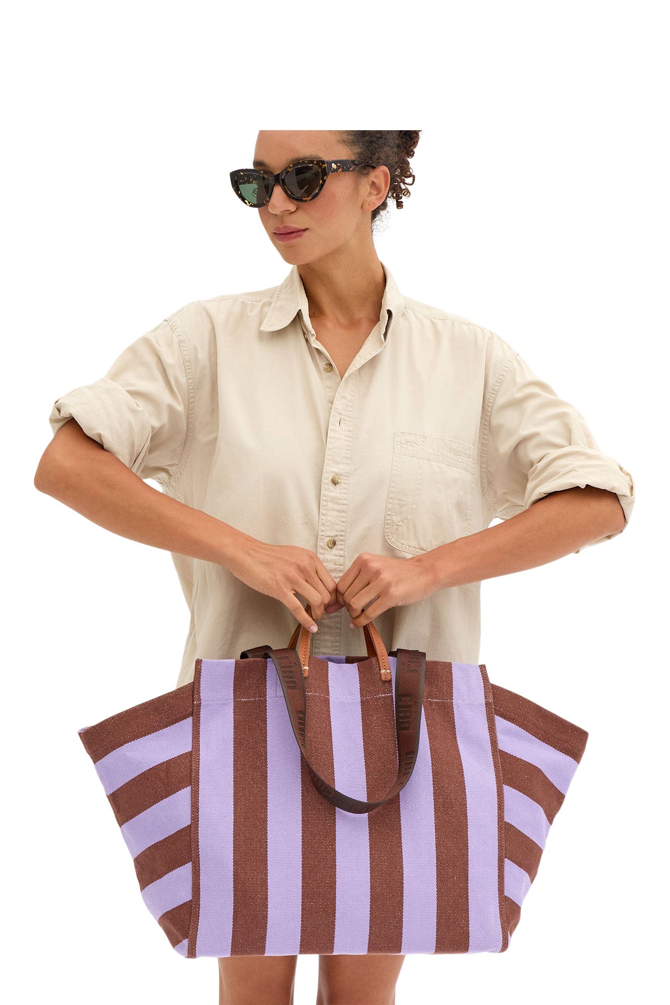 Clare V. Le Cote Tote in Jacaranda - Hazelnut Canvas Stripe