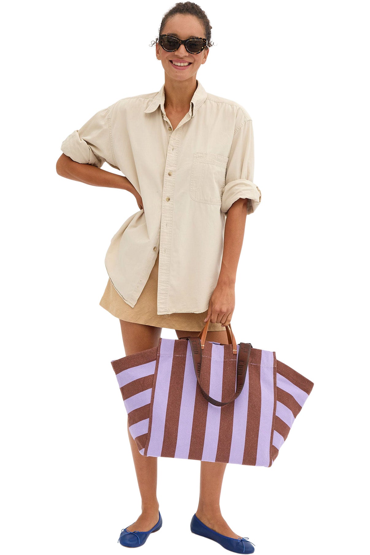 Clare V. Le Cote Tote in Jacaranda - Hazelnut Canvas Stripe