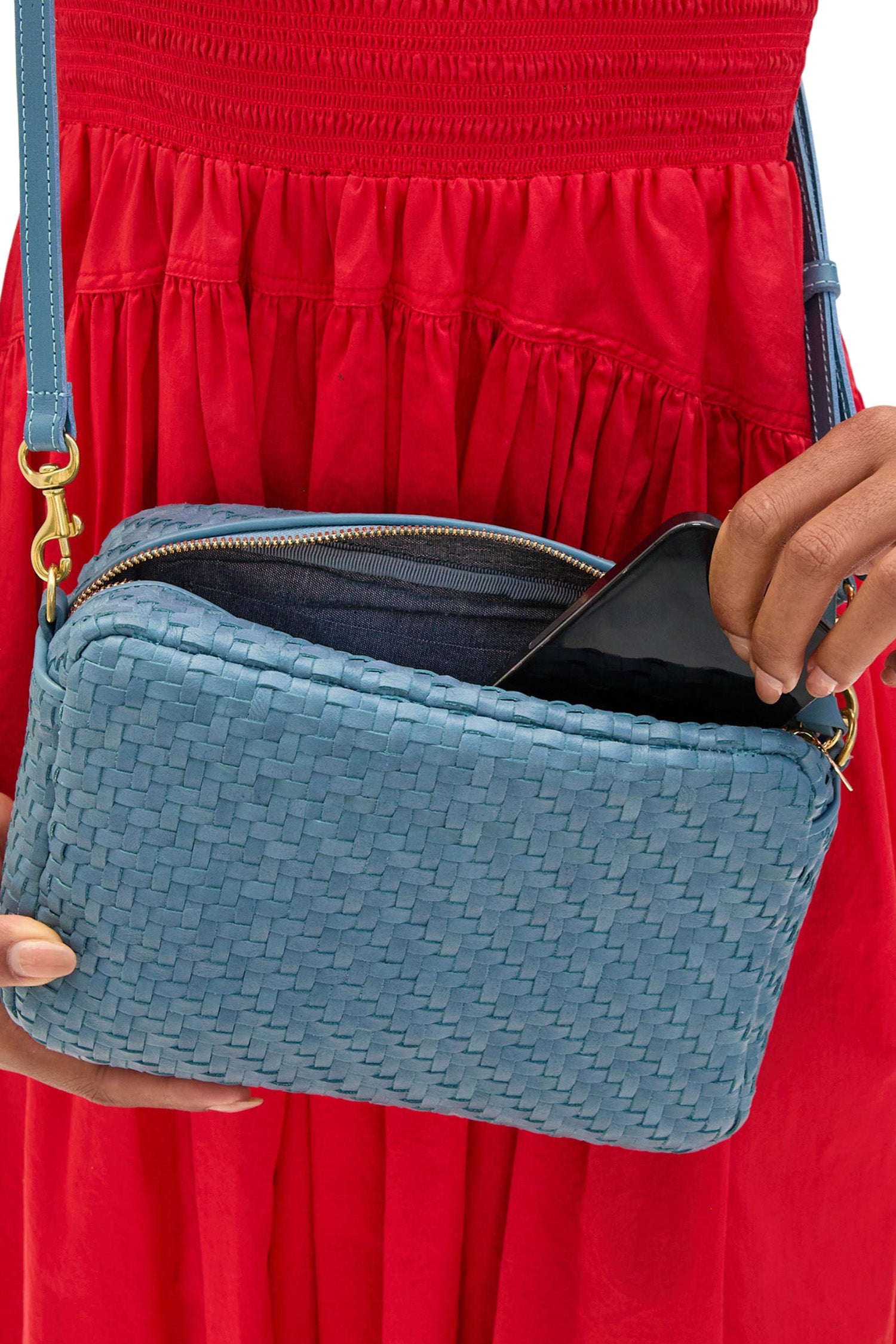 Clare V. Marisol Bag in Desert Blue Woven Zig-Zag Leather
