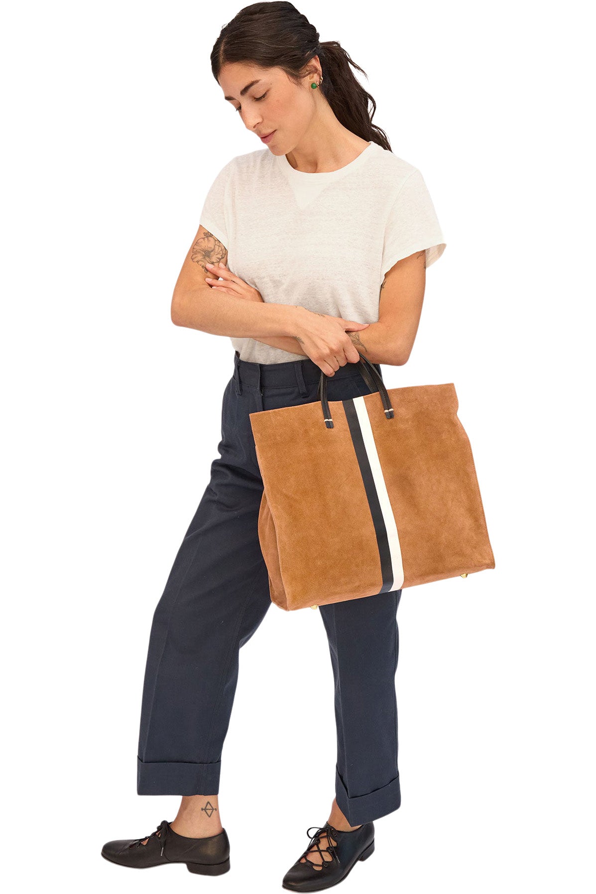 Clare V. Simple Tote in New Camel Suede w/ Black & Cream 
Stripe