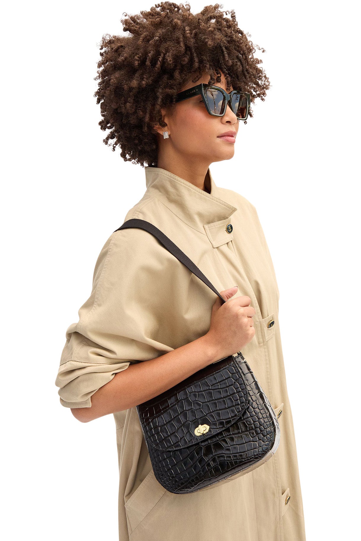 Clare V. Turnlock Louis with Top Handle in Black Croco