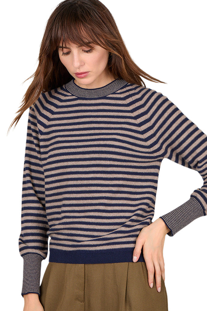 Cocoa Cashmere Ari Striped Cashmere Crewneck in Natural Brown