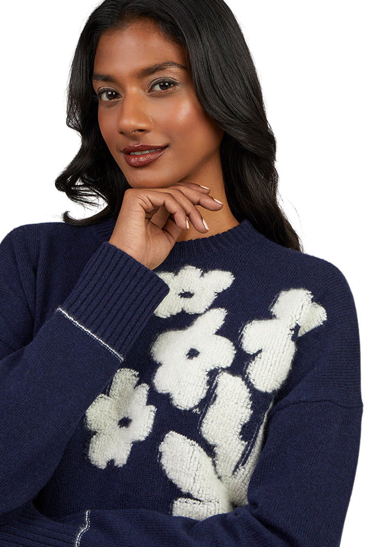 Cocoa Cashmere Ayleen Flower Crewneck Sweater in Heritage Navy