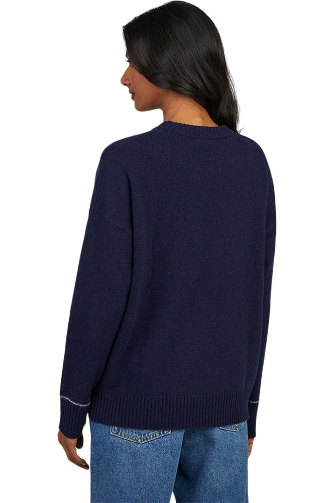 Cocoa Cashmere Ayleen Flower Crewneck Sweater in Heritage Navy