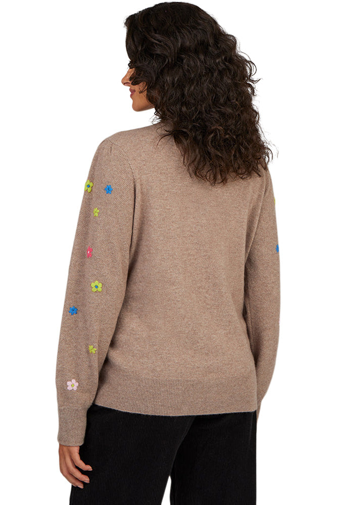 Cocoa Cashmere Quinn Flower Sweater in Natural Brown