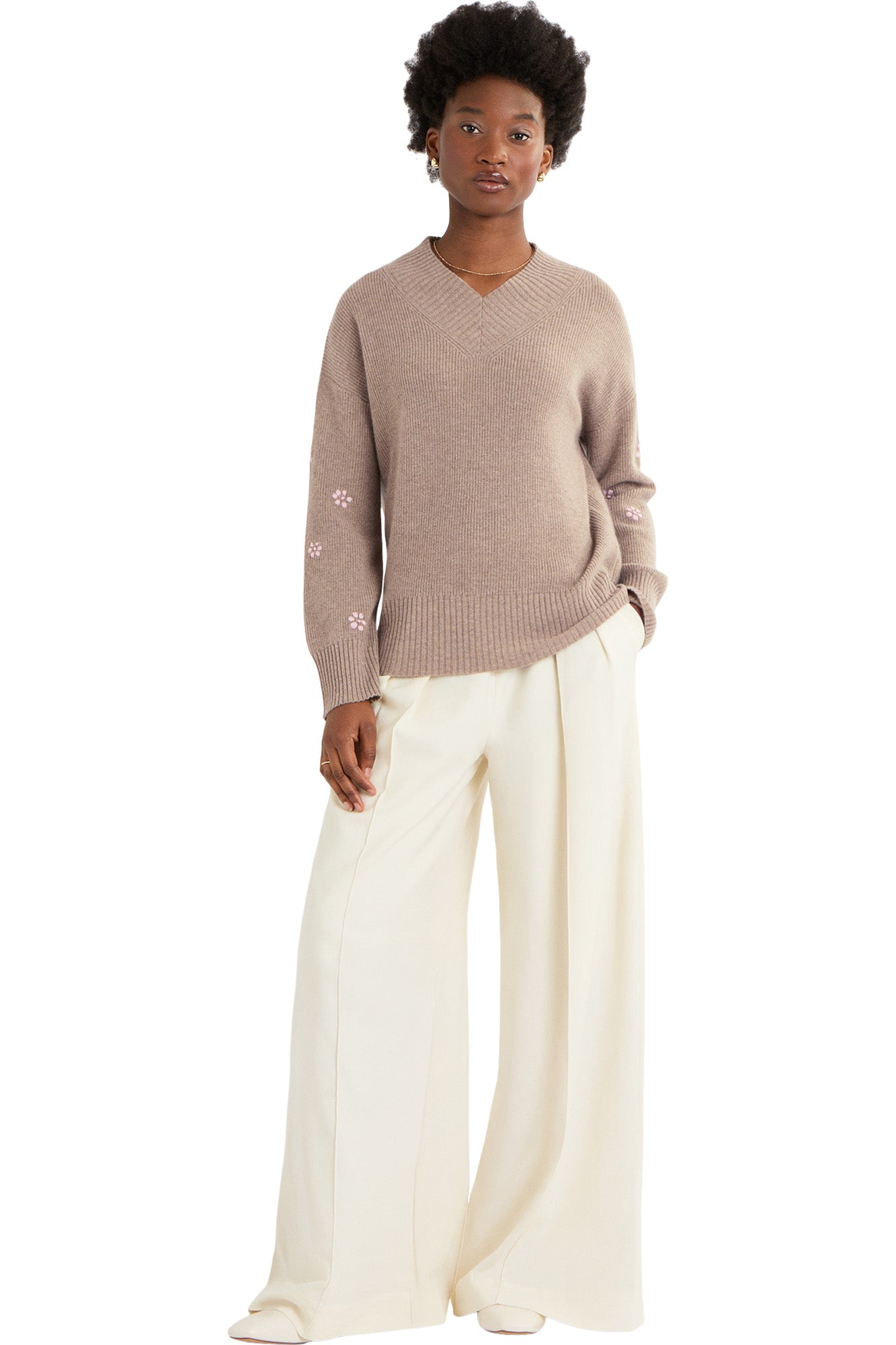 Cocoa Cashmere Zoya V-neck Sweater in Natural Brown
