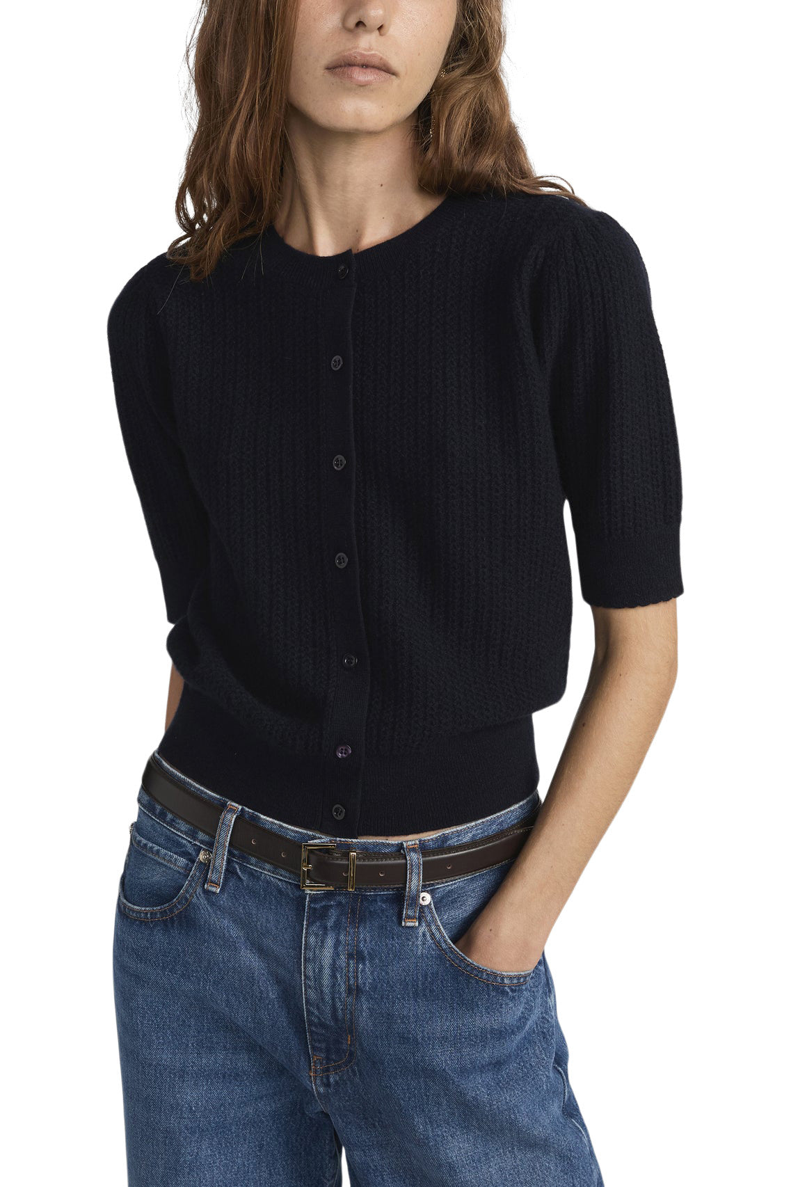 Frame Denim Chain Pointelle Cardigan in Navy