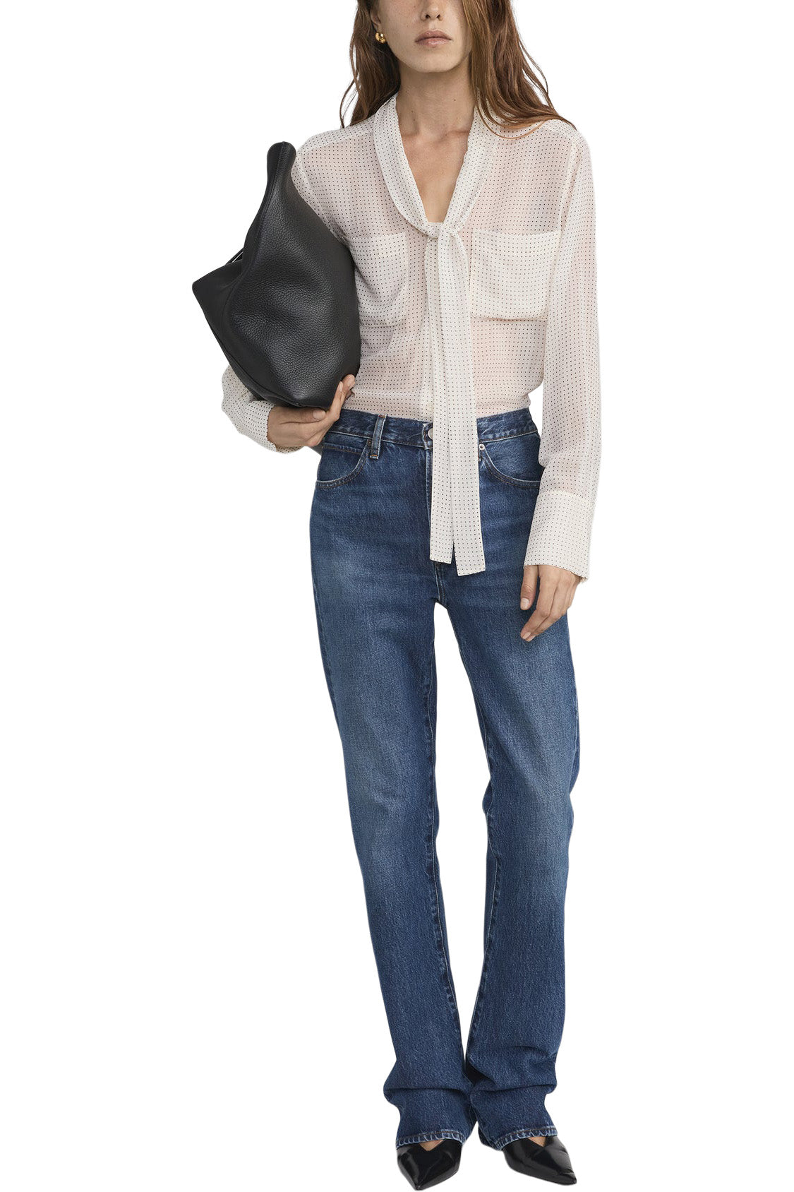 Frame Denim Polka Dot Modern Tie Blouse in Ecru Multi