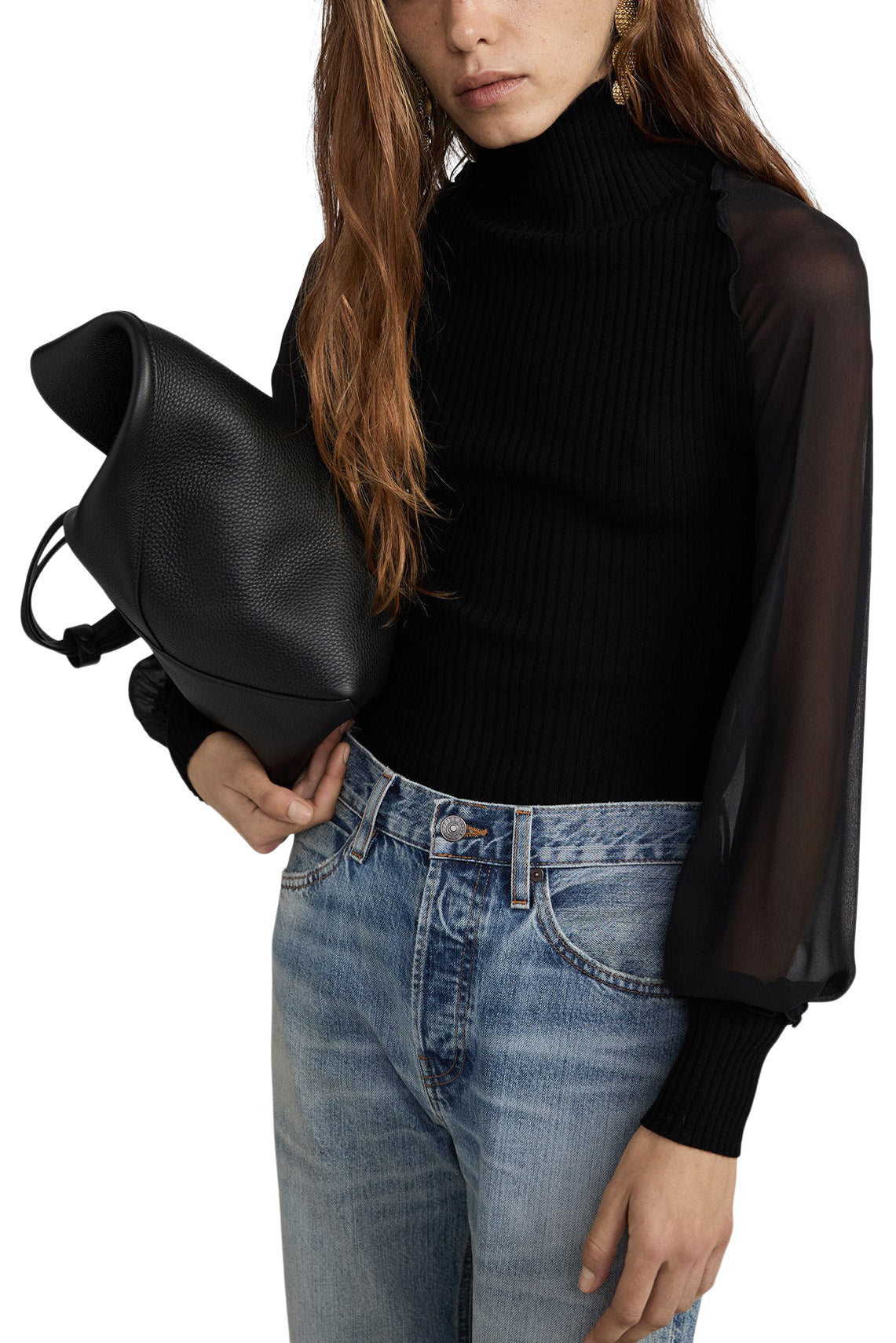 Frame Denim Sheer Sleeve Top in Black