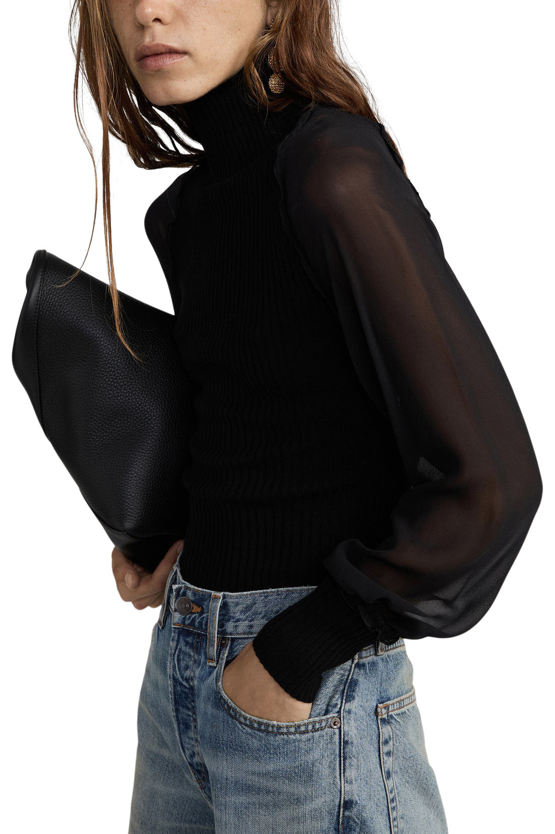 Frame Denim Sheer Sleeve Top in Black