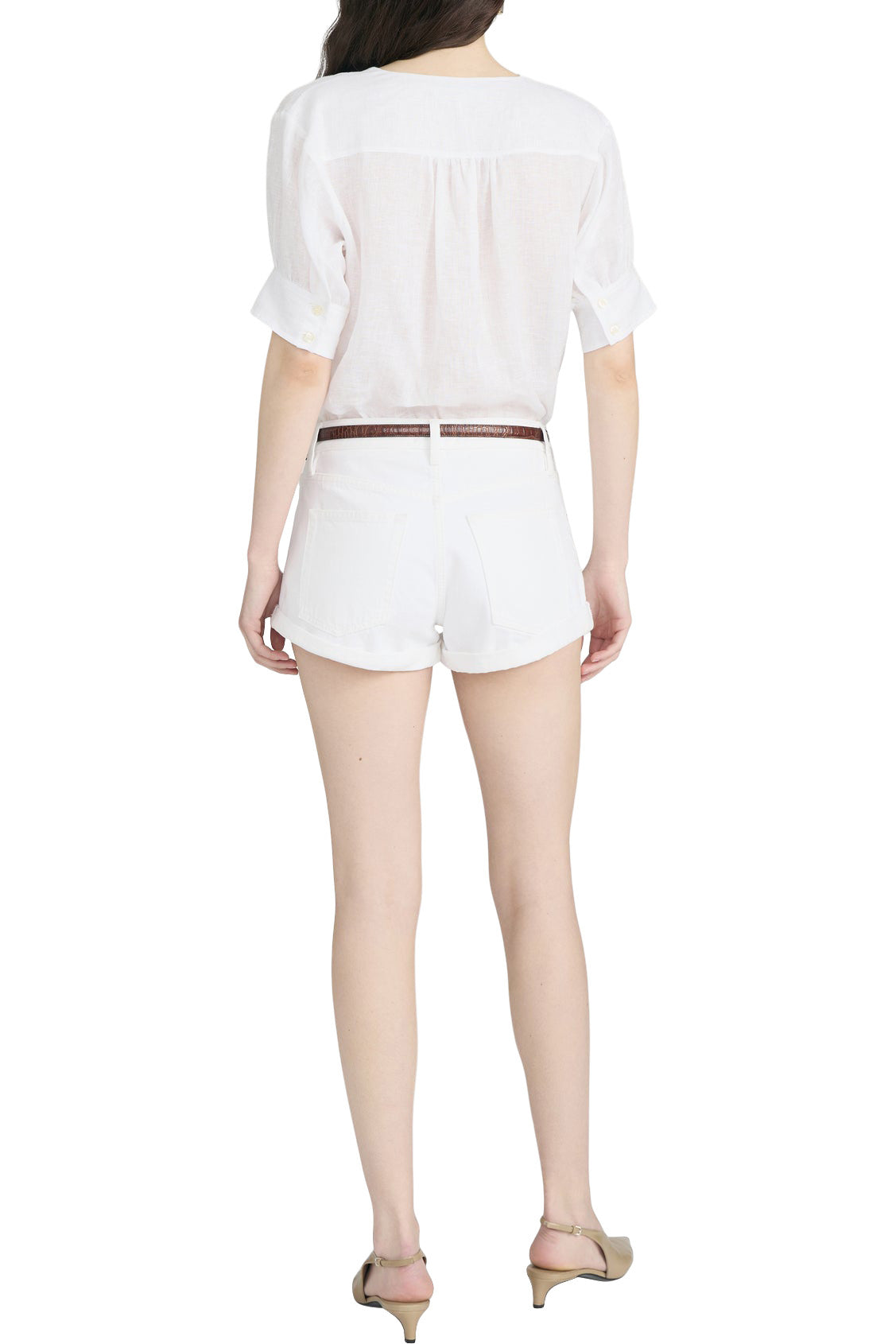 Frame Denim Linen V-Neck Popover Top in White