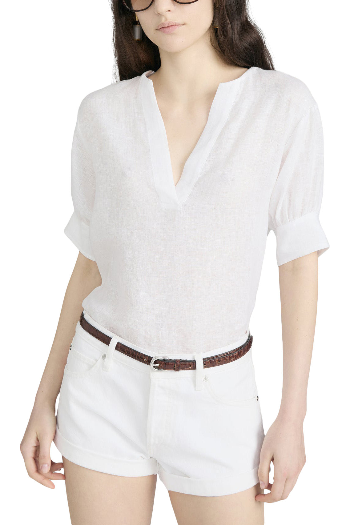 Frame Denim Linen V-Neck Popover Top in White