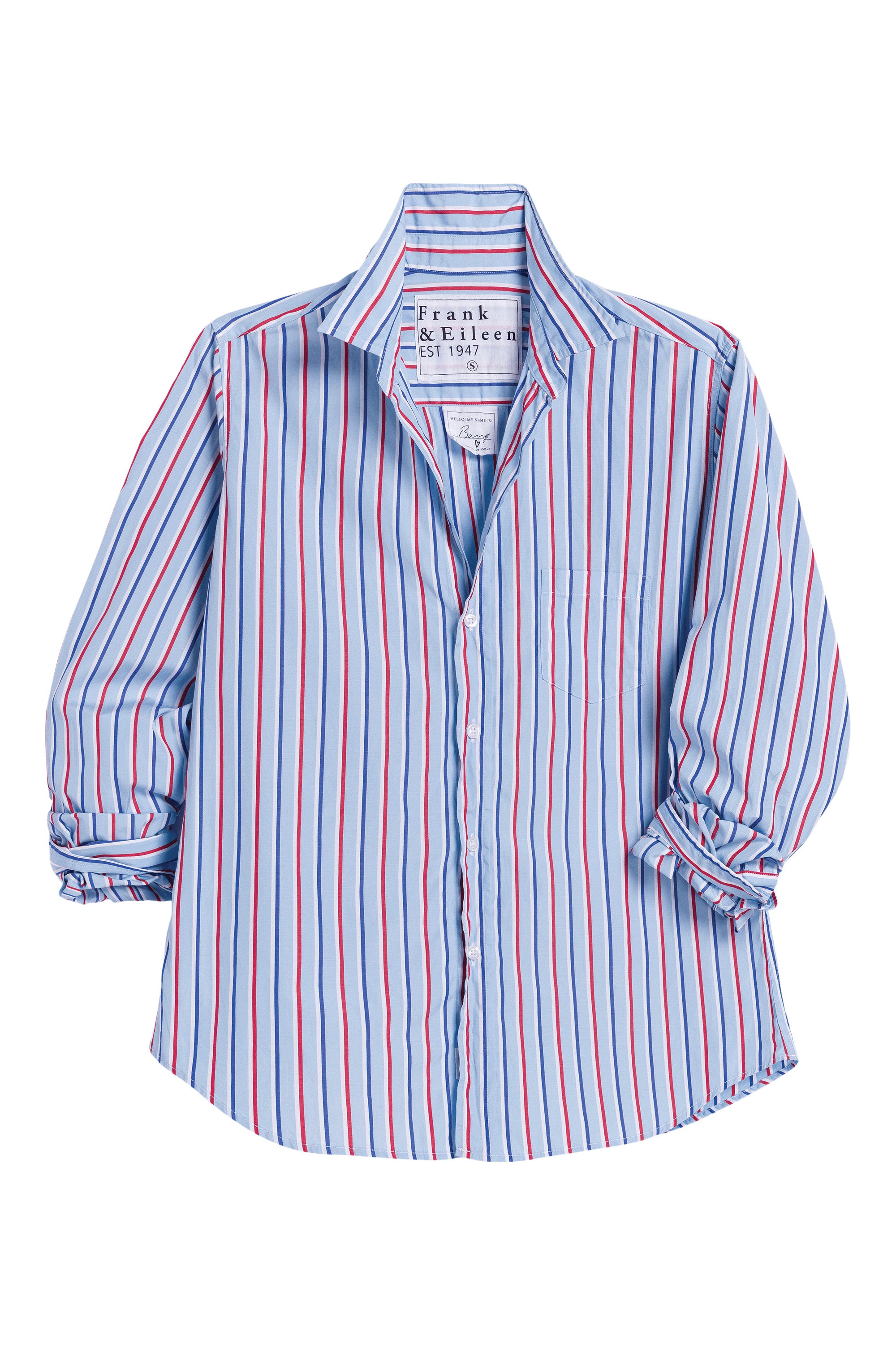 Frank & Eileen Barry Tailored Button Up Shirt in Light Blue Red Stripe