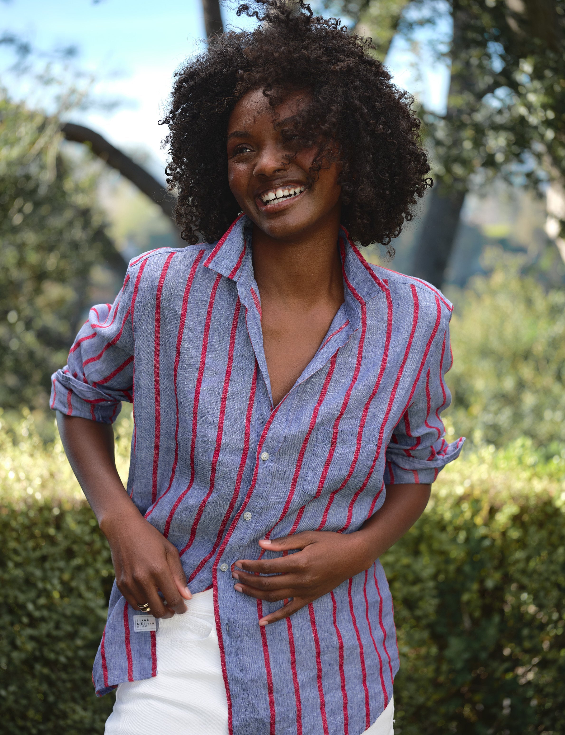 Frank & Eileen Eileen Relaxed Button Up Shirt in Blue Red Textured Stripe