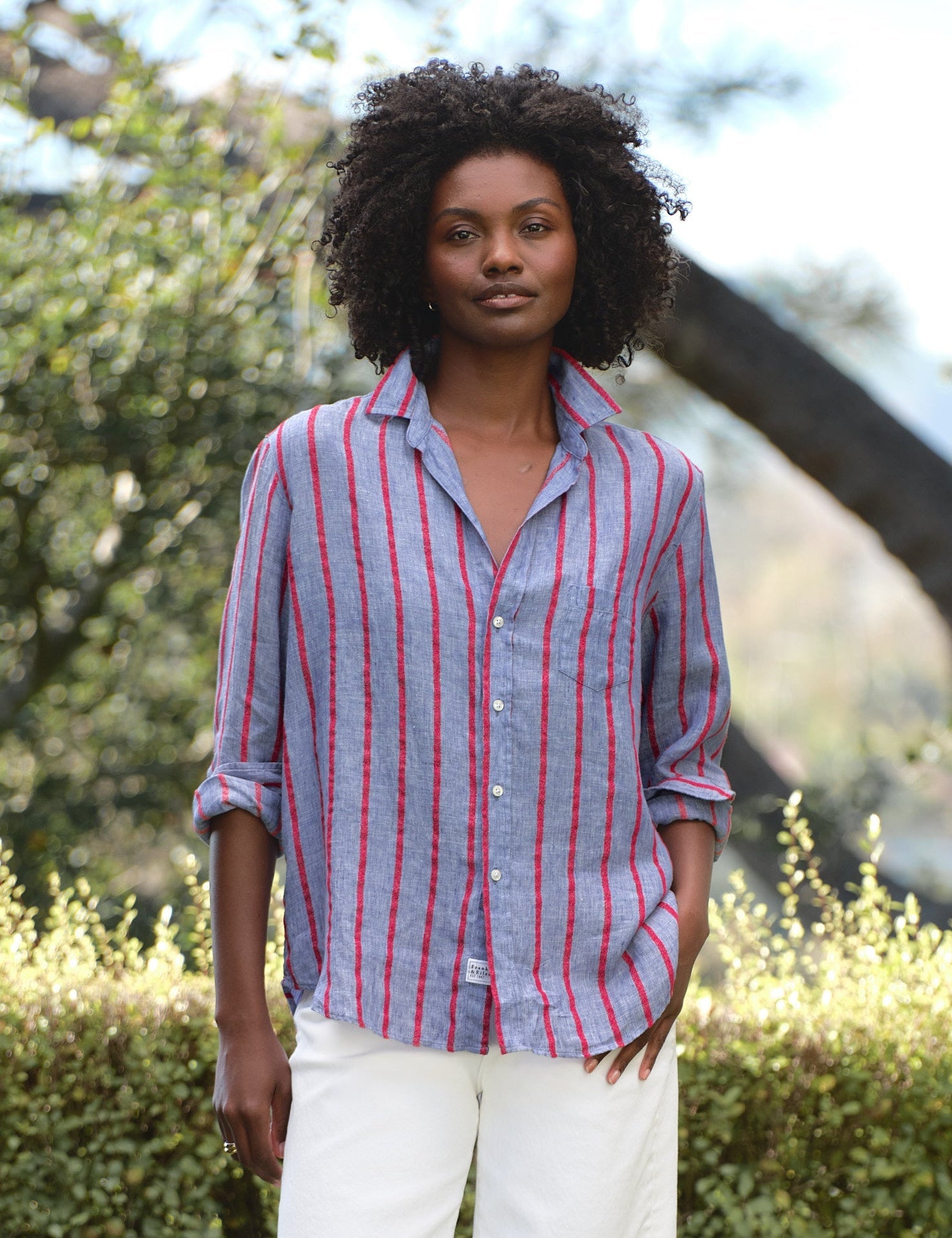 Frank & Eileen Eileen Relaxed Button Up Shirt in Blue Red Textured Stripe