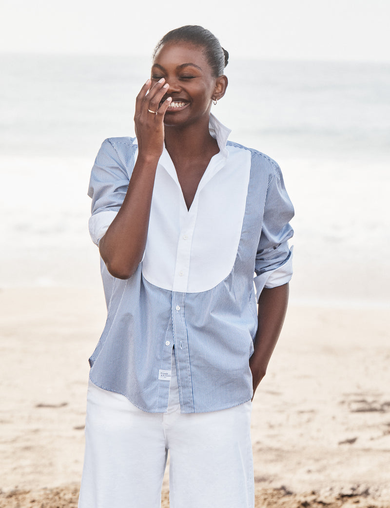 Frank & Eileen Eileen Relaxed Tuxedo Button Up Shirt in Blue White Stripe