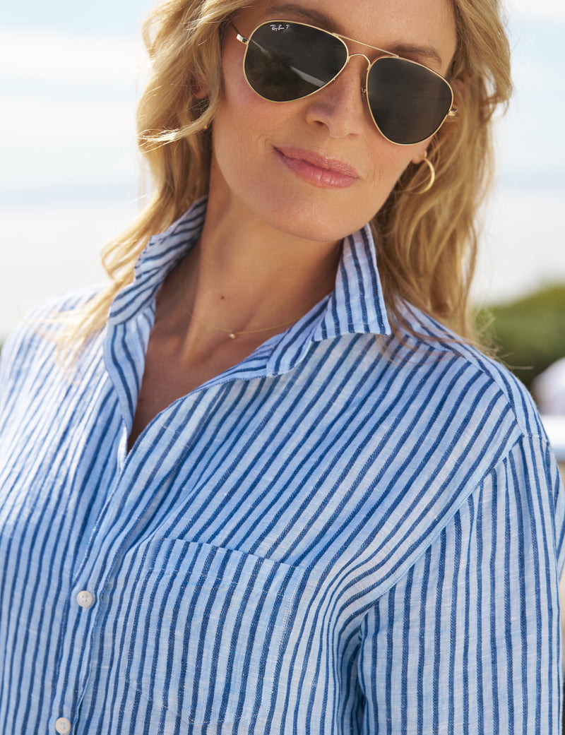 Frank & Eileen Mary Classic Linen Shirtdress in Blue and Navy Textured Stripe