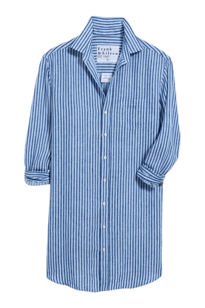 Frank & Eileen Mary Classic Linen Shirtdress in Blue and Navy Textured Stripe