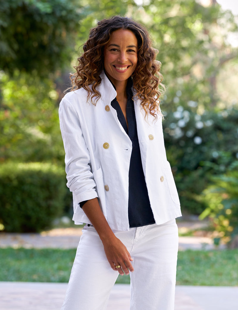 Frank & Eileen Mini Belfast 
Cropped English Peacoat in White Linen