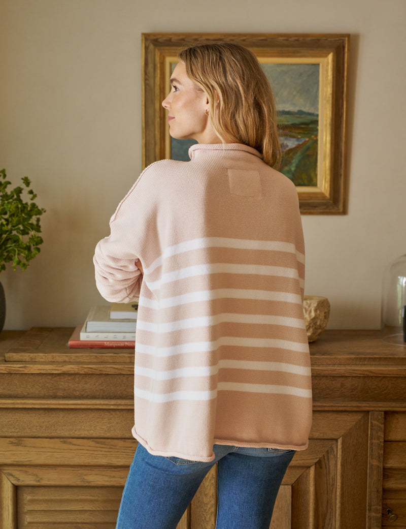Frank & Eileen Monterey
 Rolled Funnel Neck Sweater in Vintage Rose with White Stripe