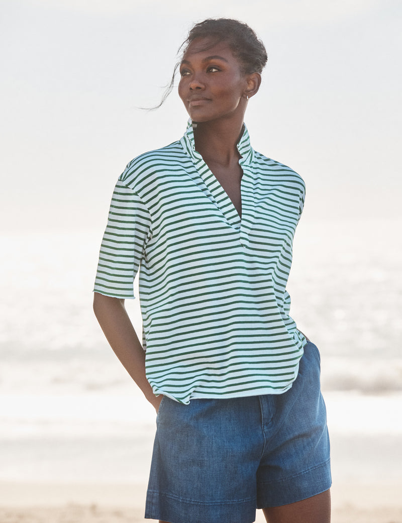 Frank & Eileen Patty 
Short-Sleeve Popover Henley in Green White Stripe