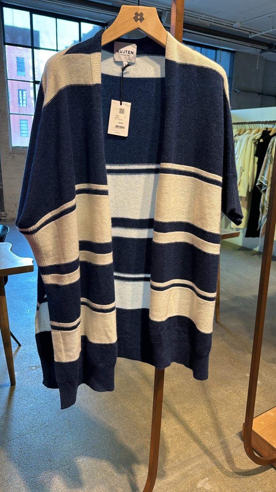 Kujten Abena Striped Open Cardigan in Jeans Fonce