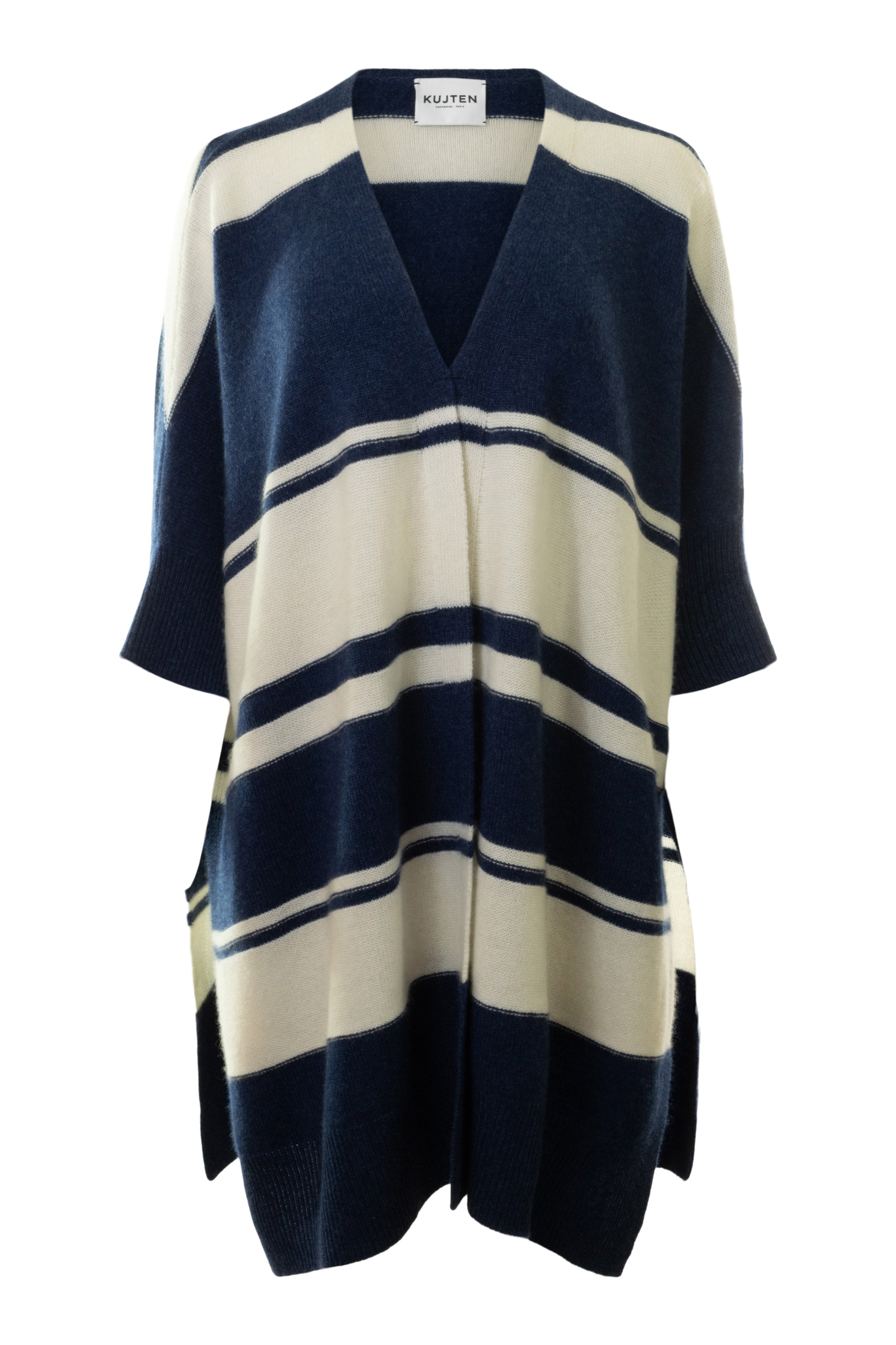 Kujten Abena Striped Open Cardigan in Jeans Fonce