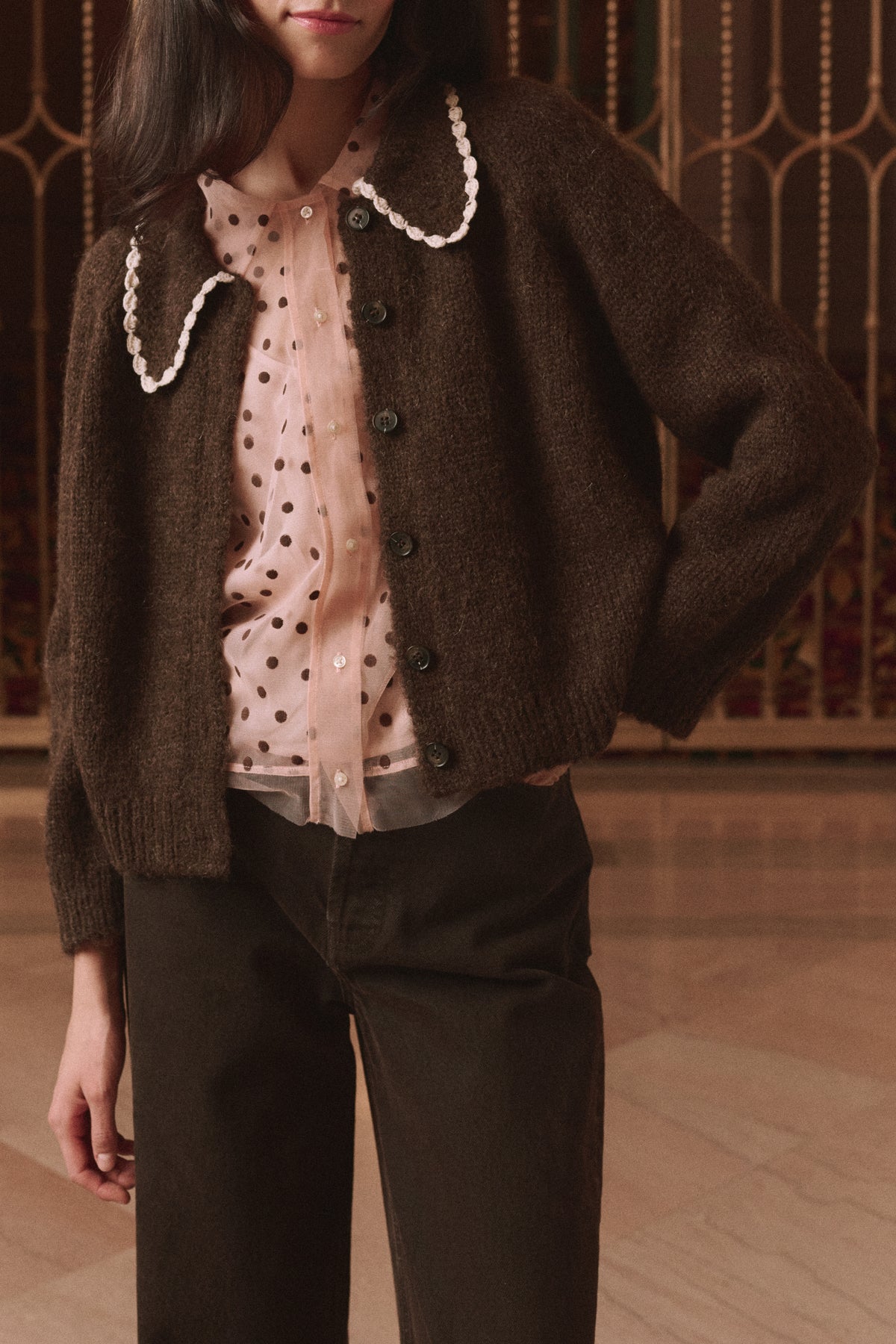 The Great The Crochet Collar Cardigan in Chocolate Brown