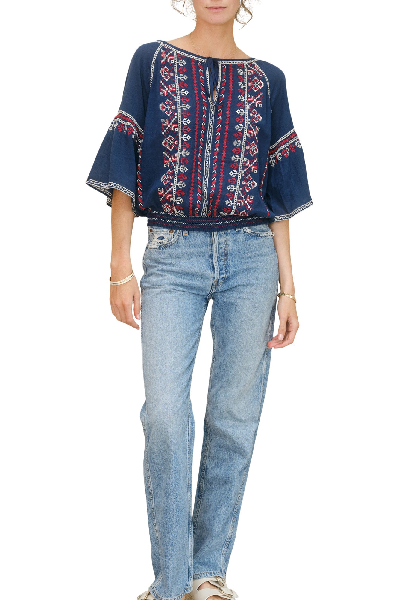 M.A.B.E Lena Embroidered Top in Navy