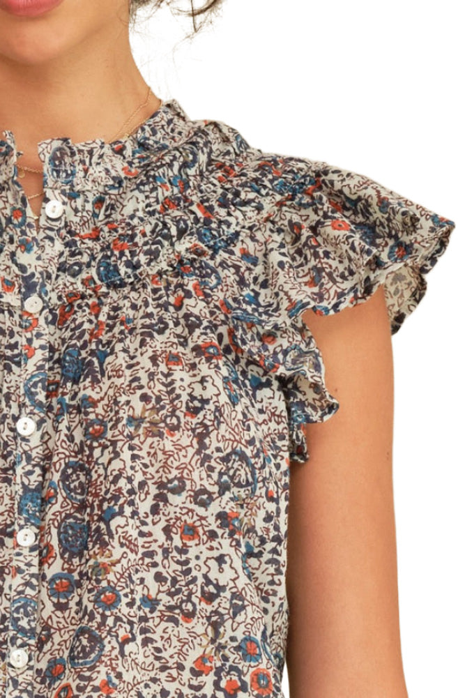 M.A.B.E Cass Frill Top in Indigo-Rust