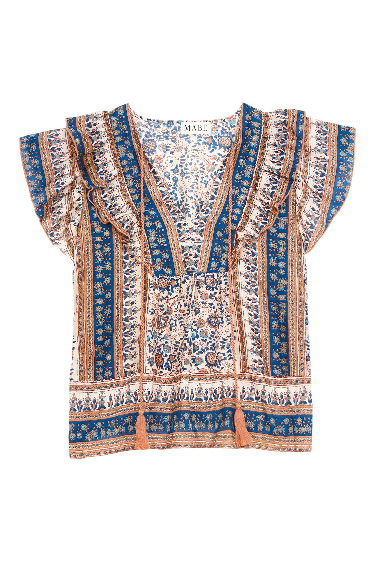 M.A.B.E Cass Print Frill Sleeve Top in Navy