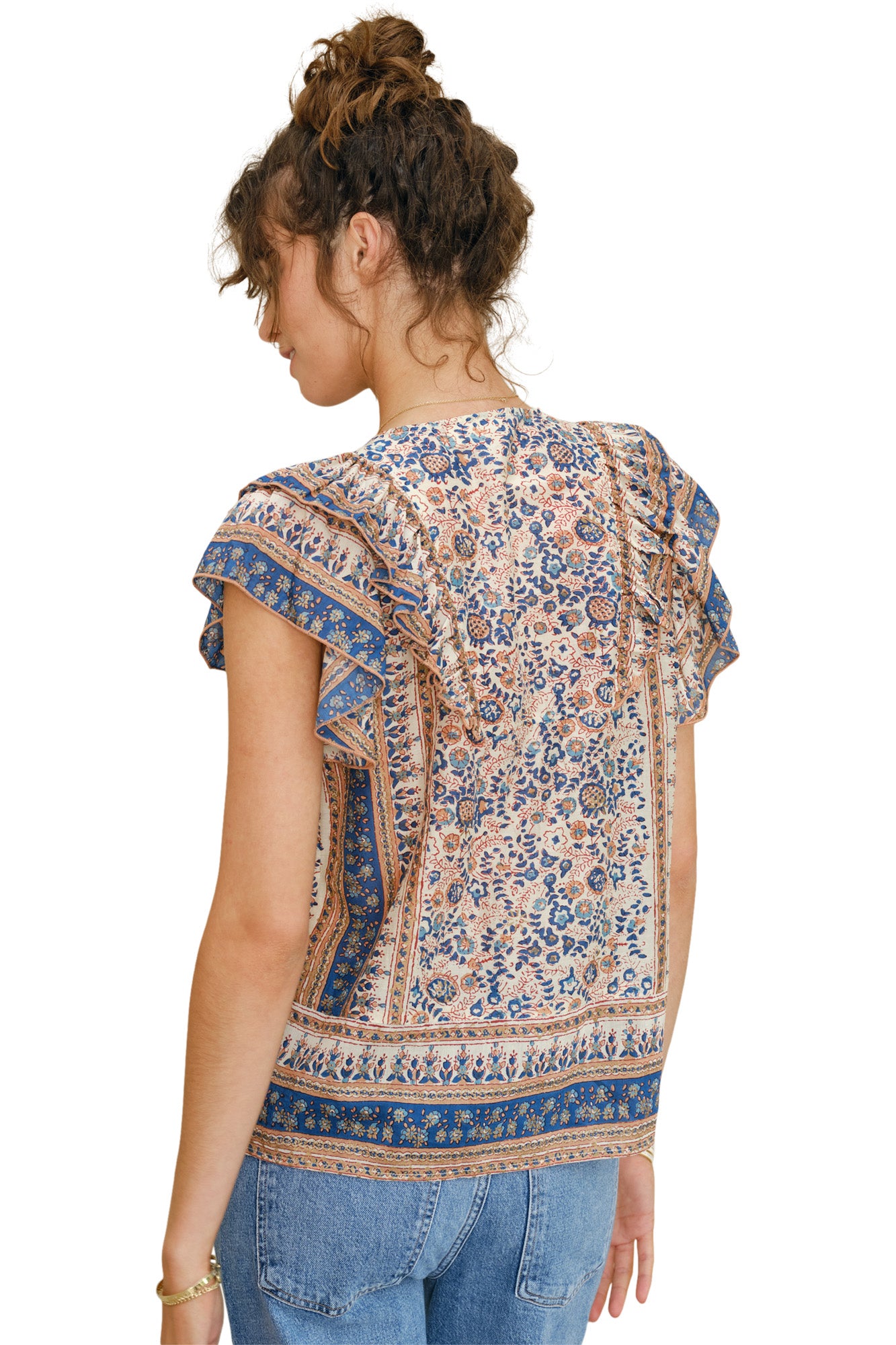 M.A.B.E Cass Print Frill Sleeve Top in Navy