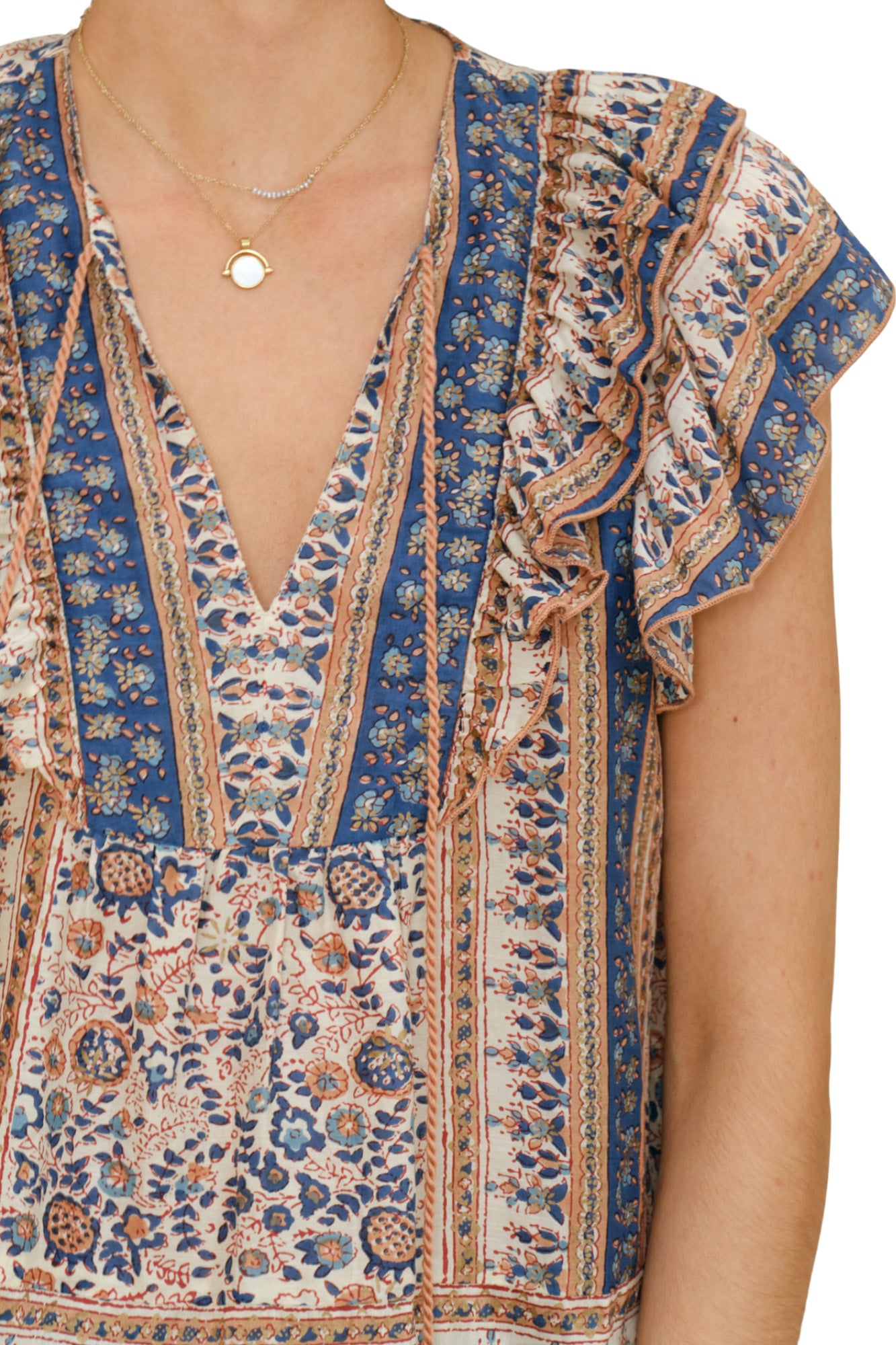 M.A.B.E Cass Print Frill Sleeve Top in Navy