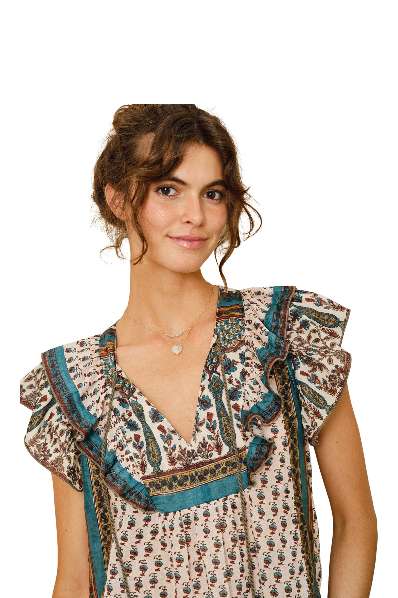 M.A.B.E Devi Print Frill Top in Multi